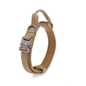 Tactical Dog Collar Military Dog Collar Adjustable Nylon Dog Collar Heavy Duty Metal Buckle with Handle for Dog Training (Color: Khaki, size: m)